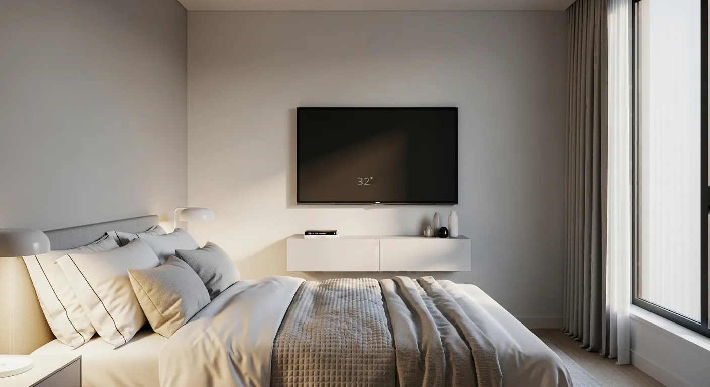 TV 32 polegadas em quarto planejado, ideal para espaços pequenos